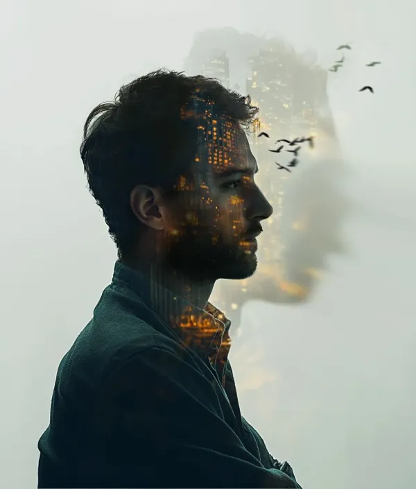 after photo of cityscape double exposure portrait