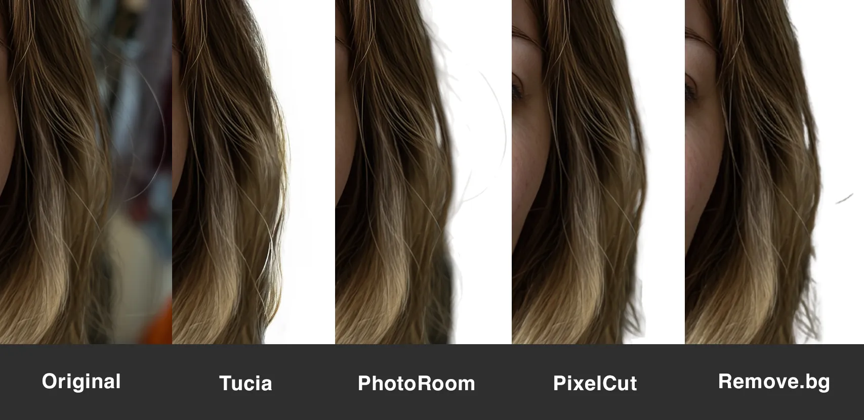 Side-by-side comparison of hair cutouts: Original, Tucia, PhotoRoom, PixelCut, Remove.bg