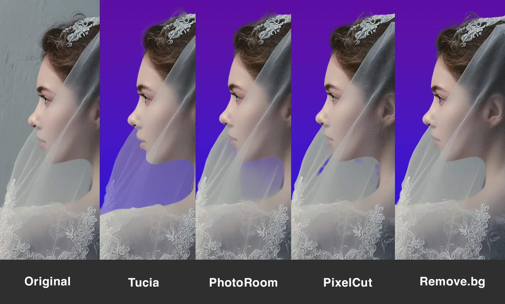 Tucia vs AI on background removal test of semi-transparent veil